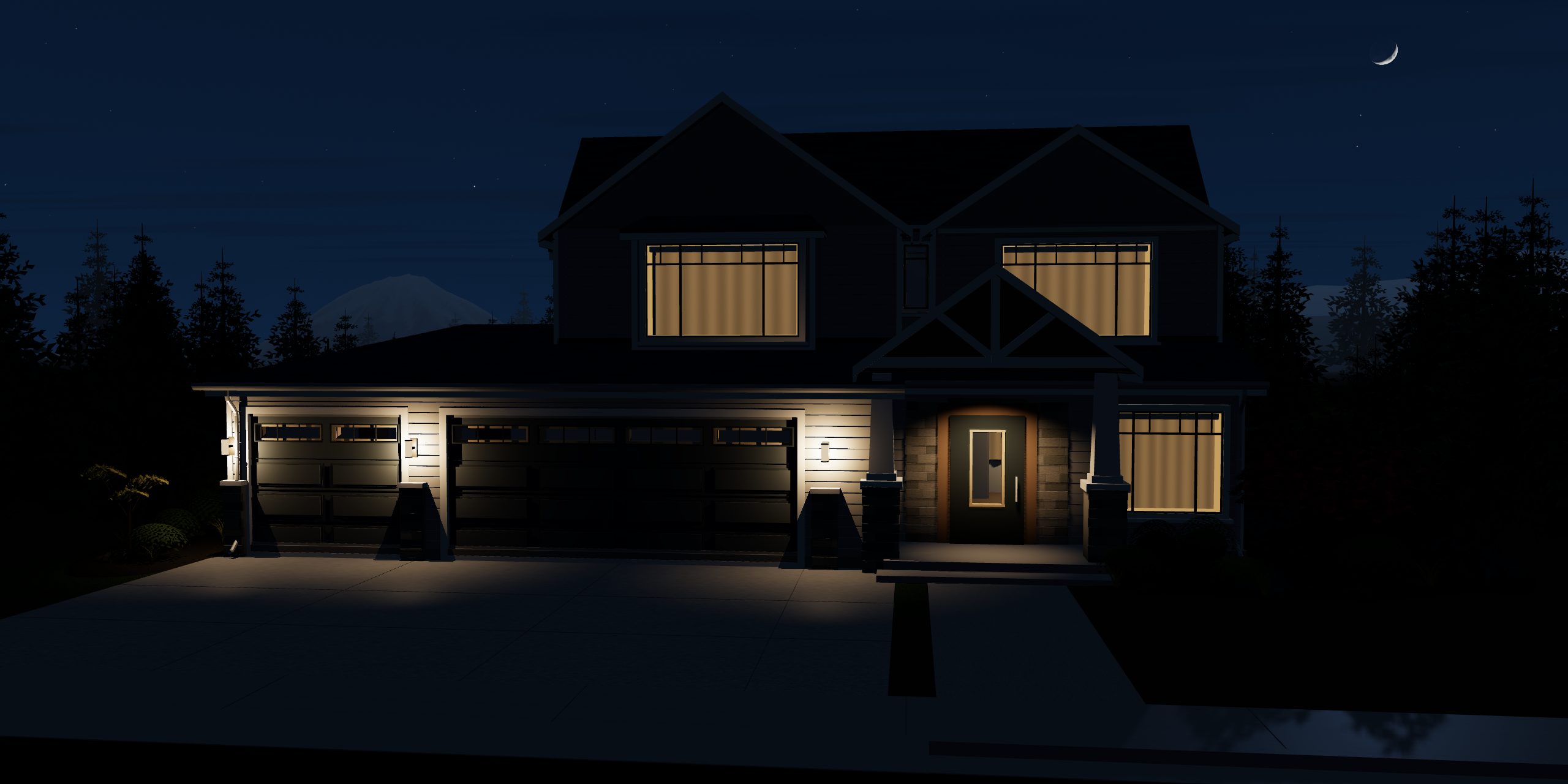 A Craftsman house showing permanent roofline lighting.