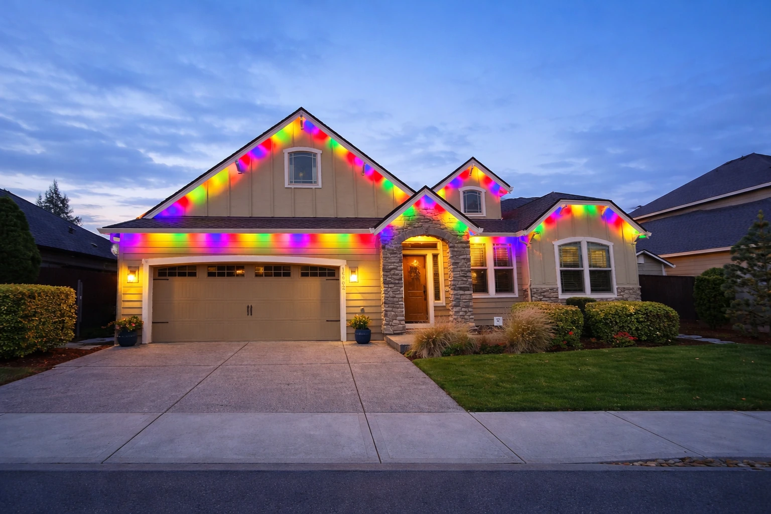 Rainbow-colored lights tracing the roof peaks and garage of a home at dusk
