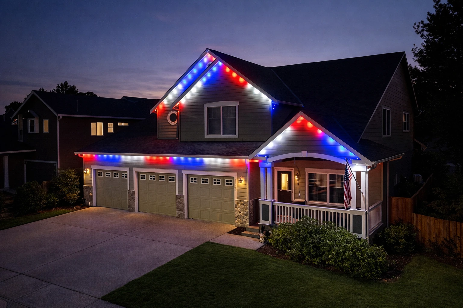 Red, white and blue lights along a two-story home’s roofline and porch at dusk